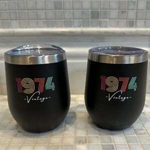 NWT Set of 2 1974 Vintage To-Go Wine Black Tumblers with Lids